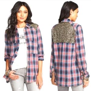 Free People Little Bit of Sugar Plaid Sequin Shirt